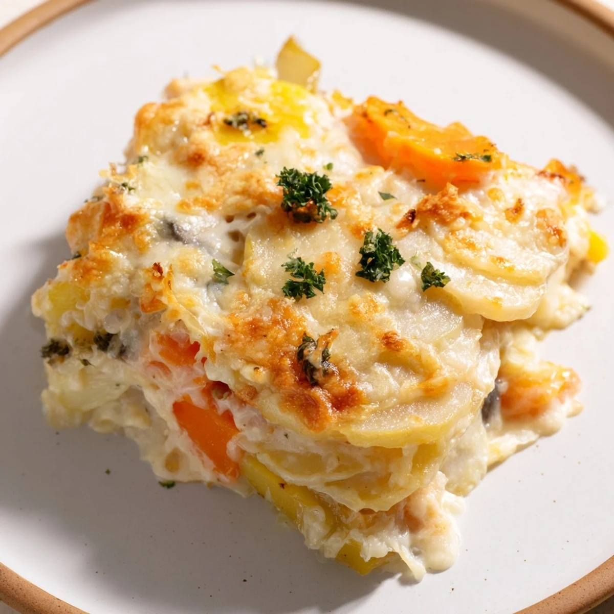 A close-up of Winter Vegetable Gratin with Gruyere, featuring golden, bubbly cheese over sliced root vegetables and leeks in a creamy sauce.