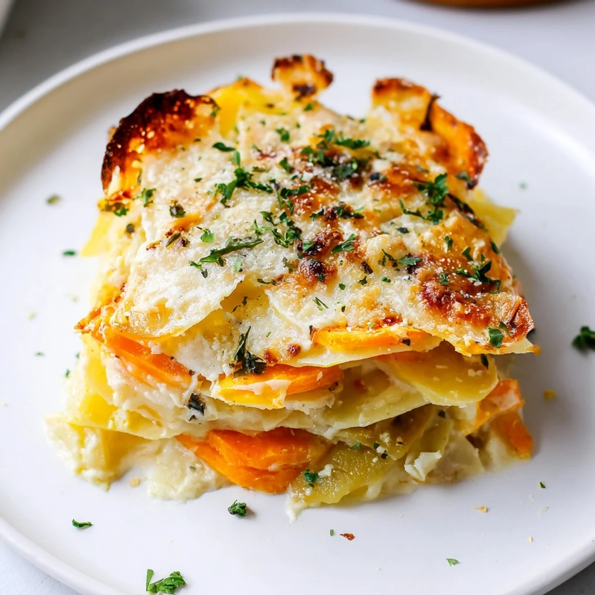 Overhead view of Winter Vegetable Gratin with Gruyere, showcasing melted cheese bubbles and fresh parsley garnish on a rustic serving dish.