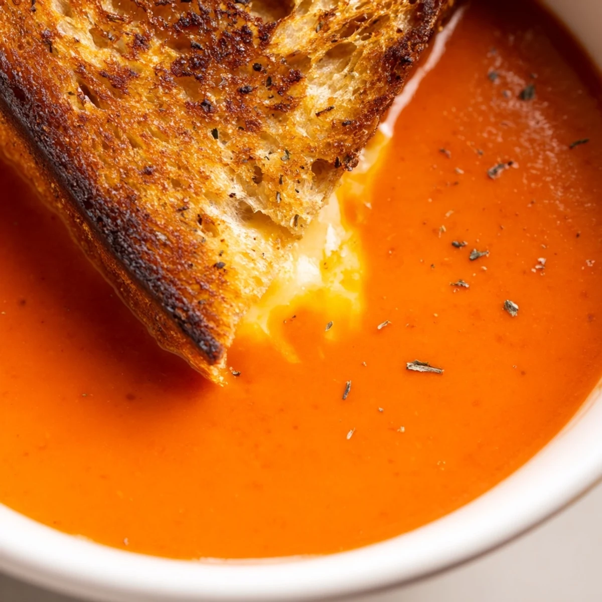 A spoon lifting velvety Creamy Tomato Soup with Grilled Cheese Dippers on a cozy kitchen table. 