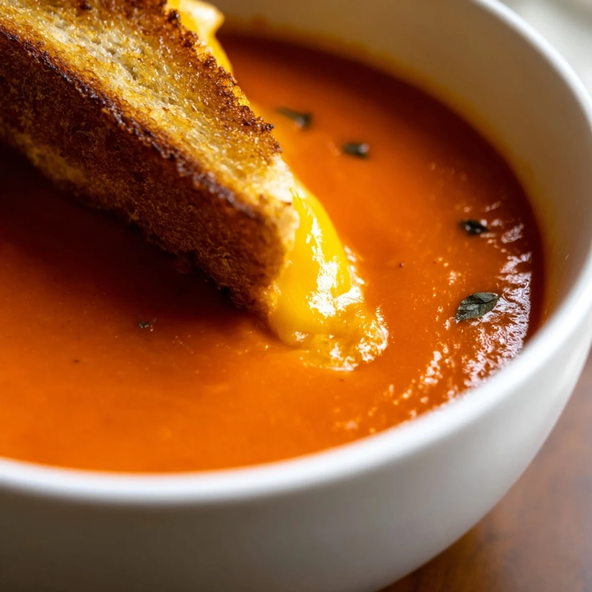 Creamy Tomato Soup with Grilled Cheese Dippers steaming in a rustic bowl, paired with golden, melty strips for dipping. 