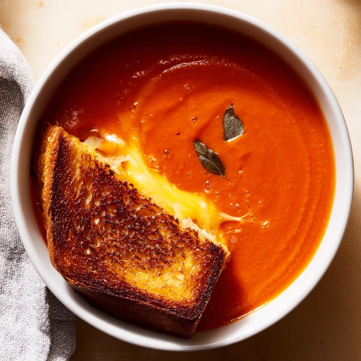 Top-down view of Creamy Tomato Soup with Grilled Cheese Dippers, steam rising, ready for a comforting lunch.
