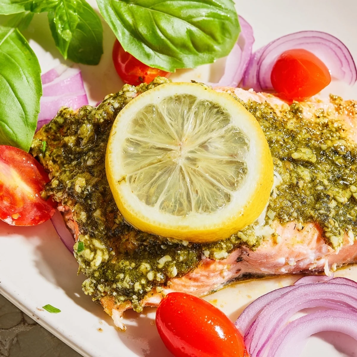 Golden-baked salmon fillets glistening with basil pesto, surrounded by blistered cherry tomatoes and lemon slices on a baking tray.