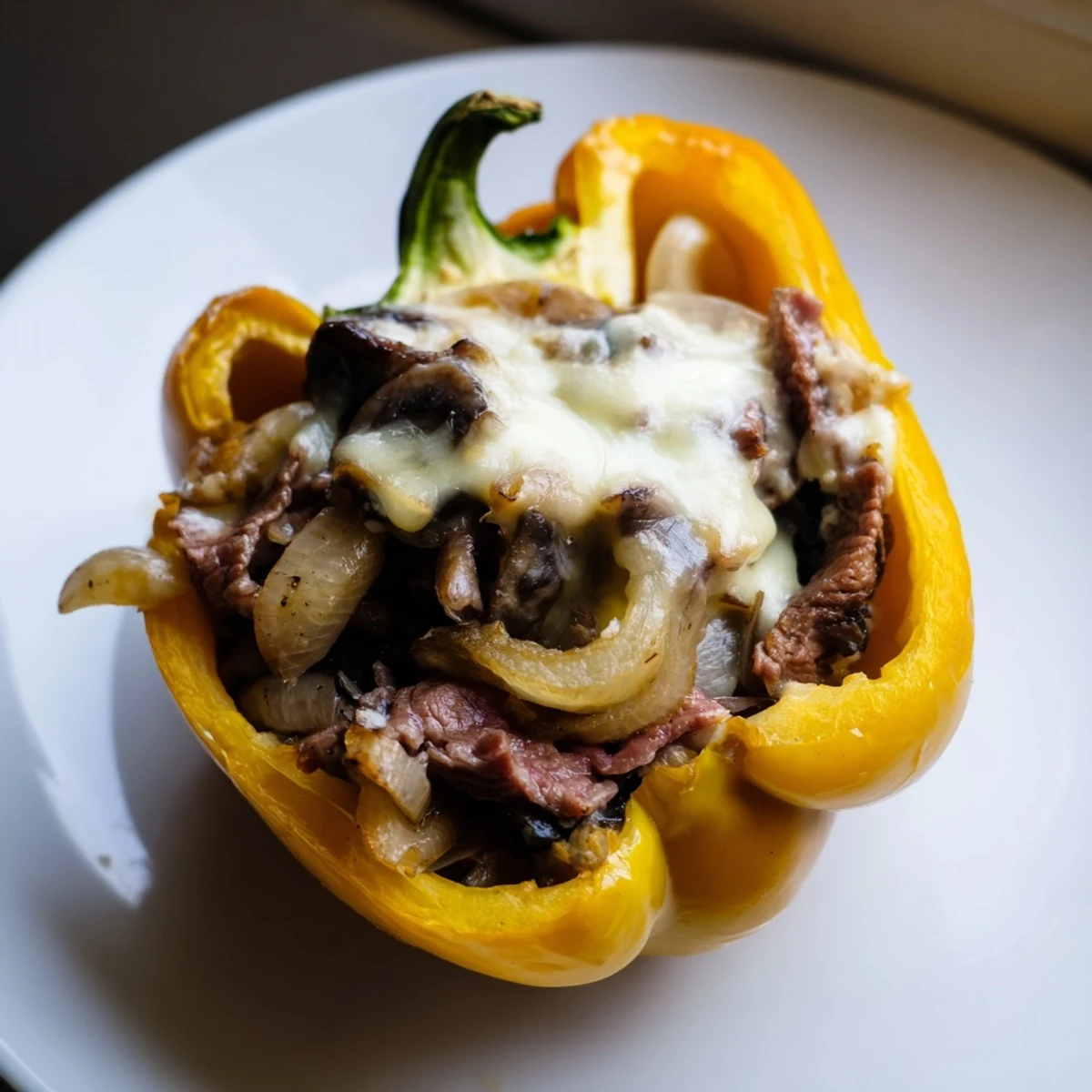 Golden Beef Philly Cheesesteak Stuffed Peppers filled with savory steak, onions, and melted provolone cheese.