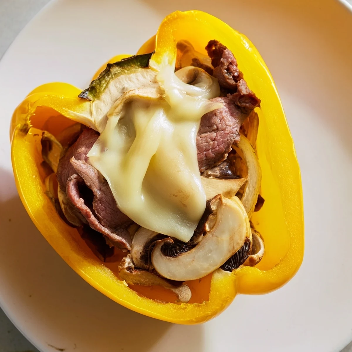 Low carb Beef Philly Cheesesteak Stuffed Peppers topped with golden melty cheese served with a fresh salad.