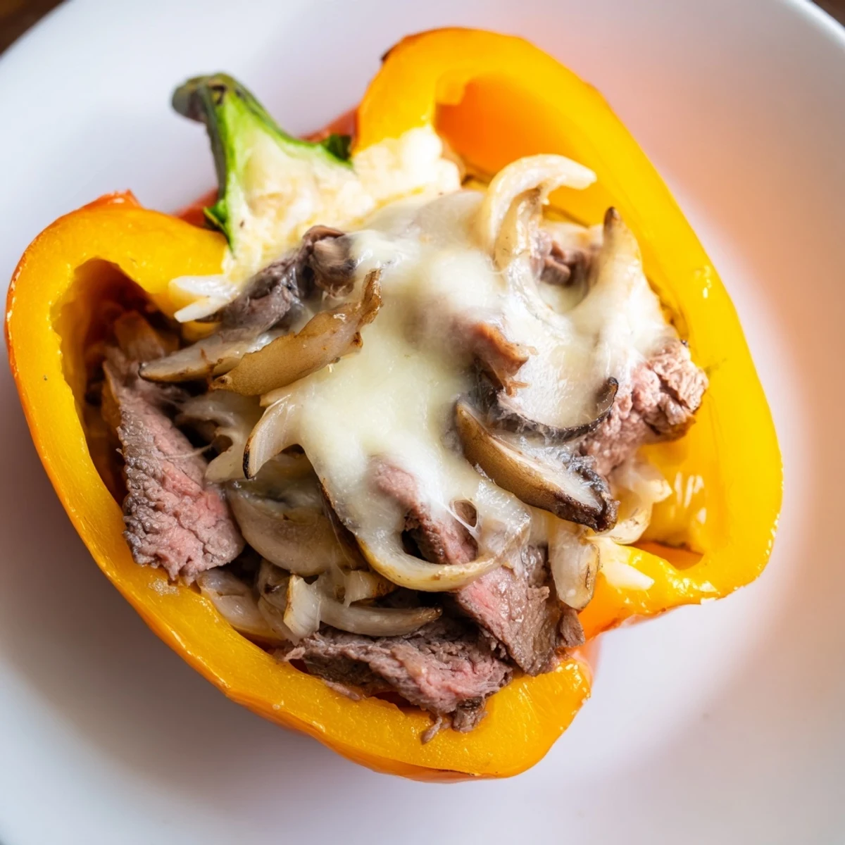 Roasted bell peppers stuffed with tender beef Philly filling and gooey cheese on a dinner plate.