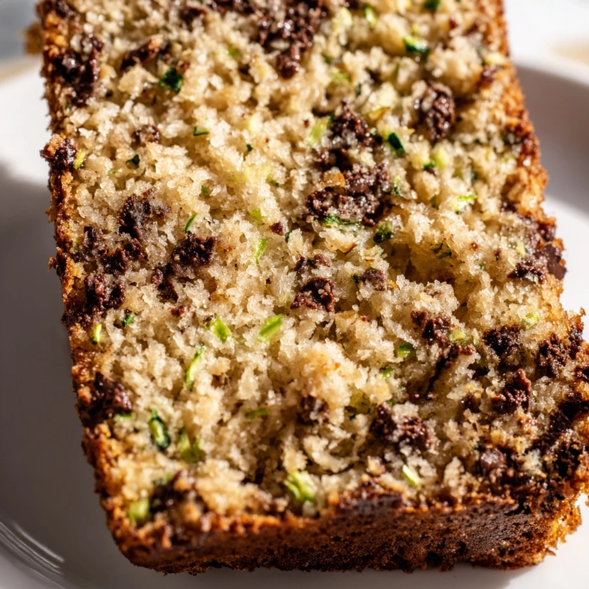 Golden-brown Chocolate Chip Zucchini Bread loaf with crispy edges, sliced to show tender interior and rich chocolate chip pockets.