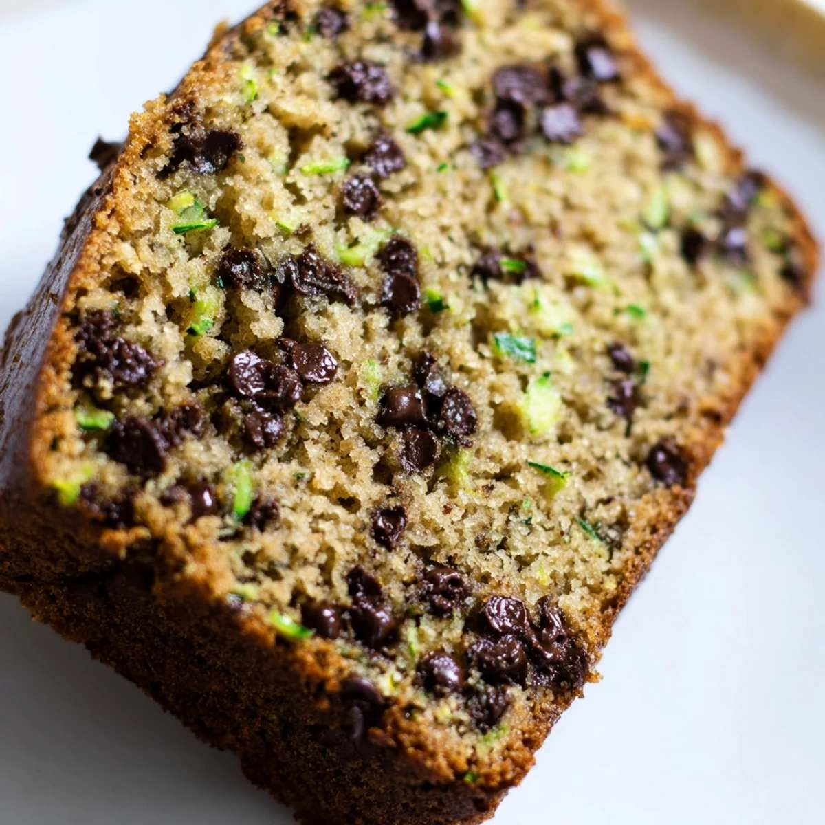 Freshly baked Chocolate Chip Zucchini Bread slices reveal moist crumb, studded with melted chocolate and specks of green zucchini.