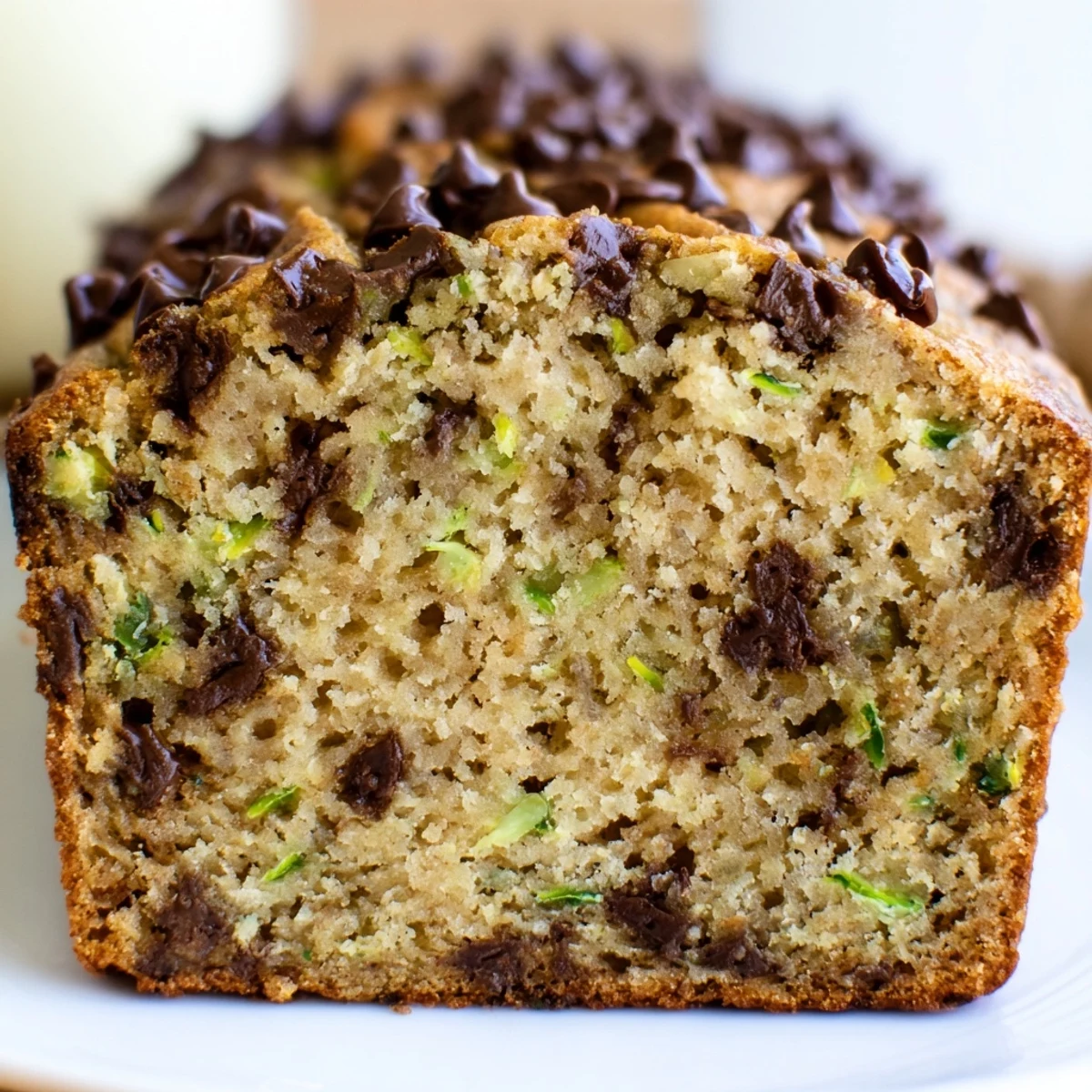 Homemade Chocolate Chip Zucchini Bread loaf cooling on a wire rack, ready for breakfast or afternoon snack with coffee.