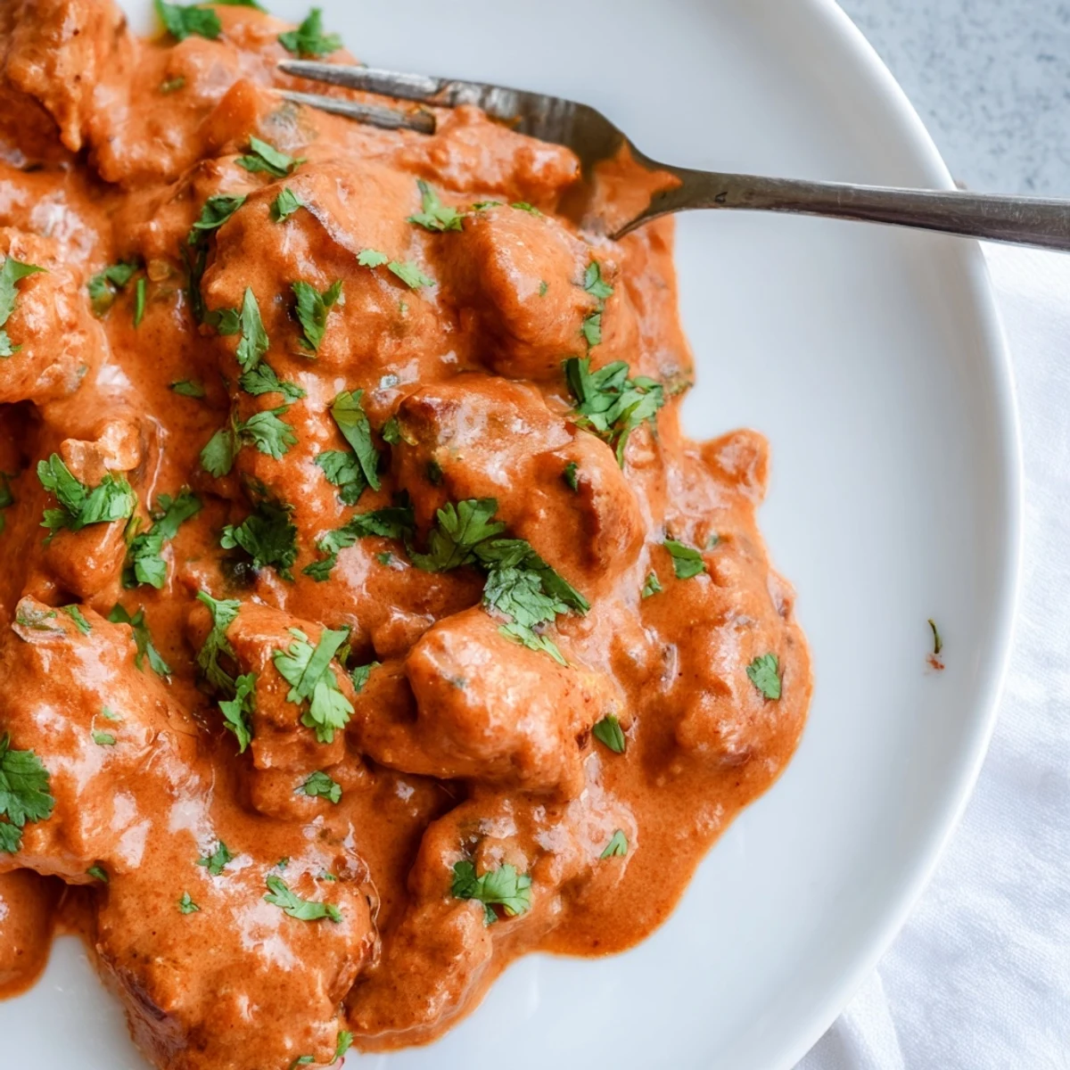Golden-brown, tender chicken tikka masala with basmati rice is garnished with fresh cilantro in a white bowl.