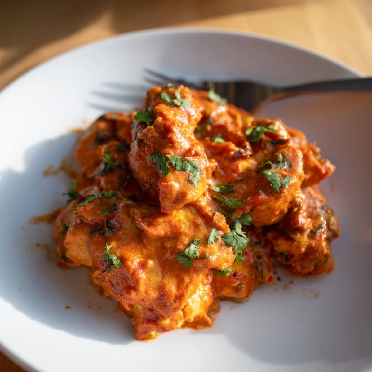 Close-up of richly spiced chicken tikka masala next to buttery basmati rice, finished with chopped cilantro.