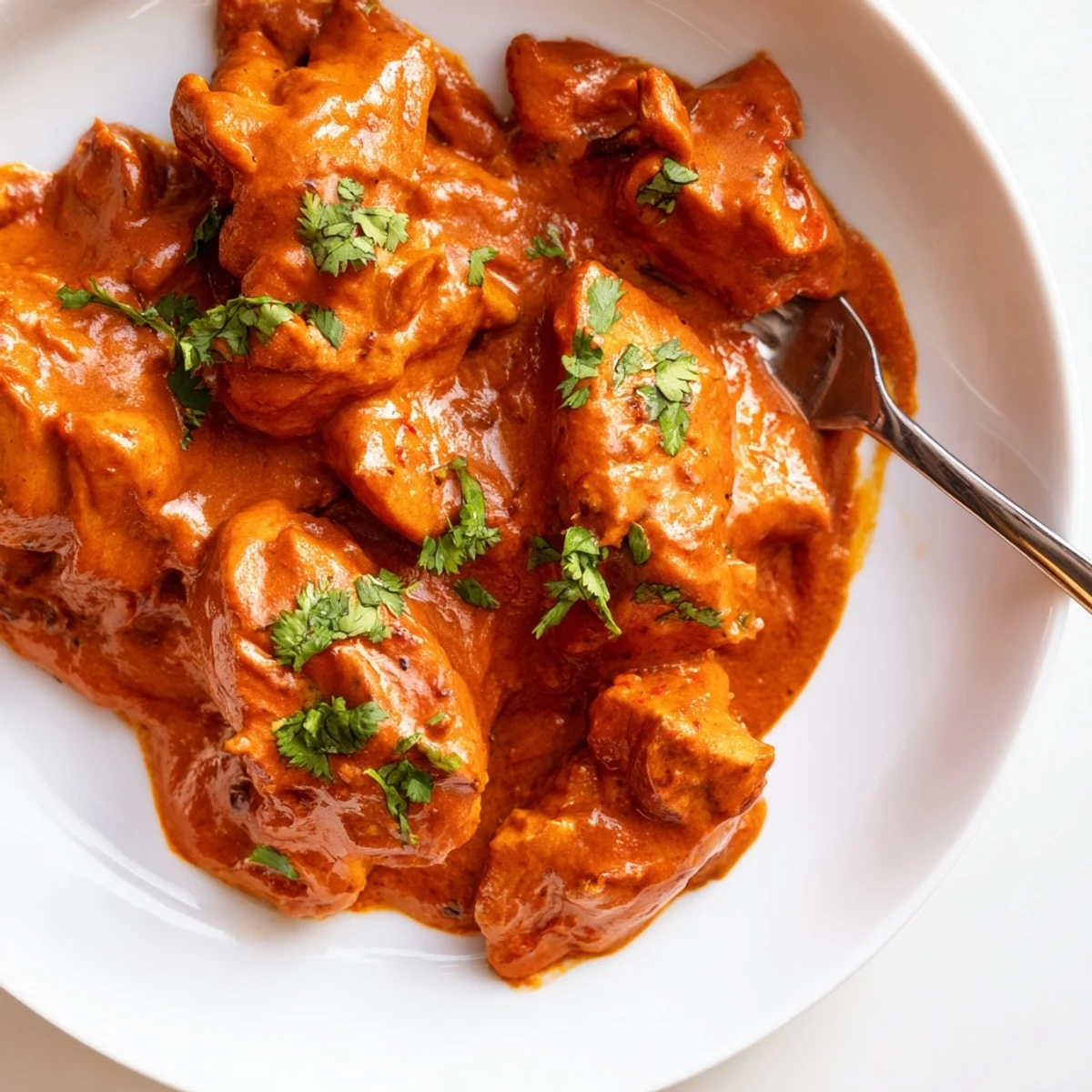 A spoon lifts creamy tomato chicken tikka masala over fluffy, fragrant basmati rice, serving four.