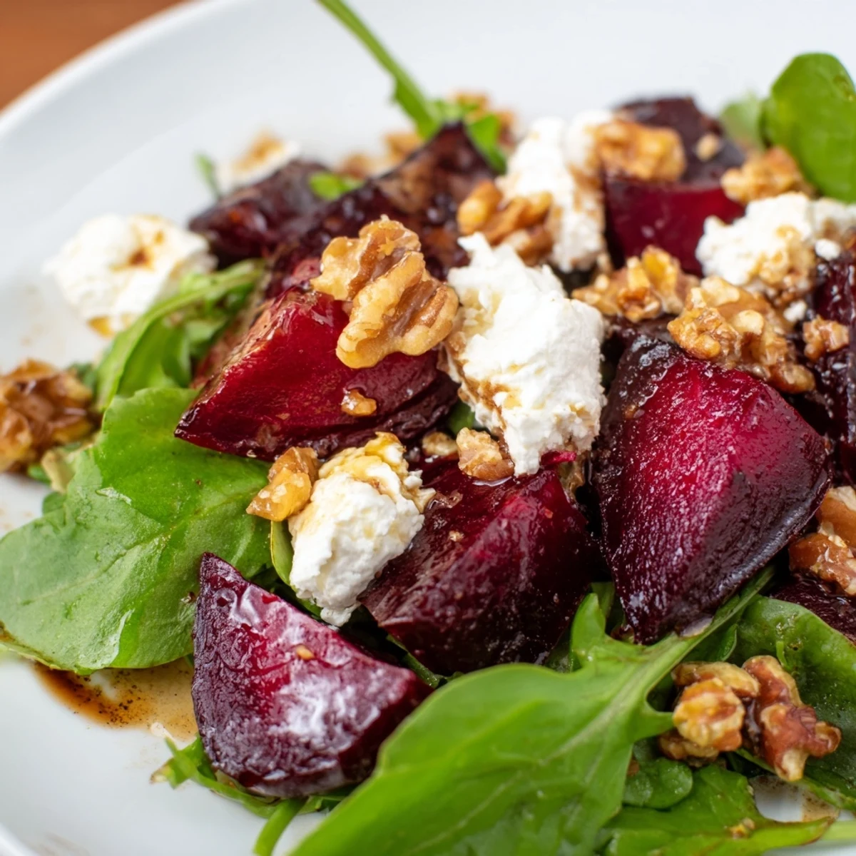 Freshly roasted beet wedges, creamy goat cheese crumbles, and toasted walnuts on mixed greens with tangy vinaigrette.