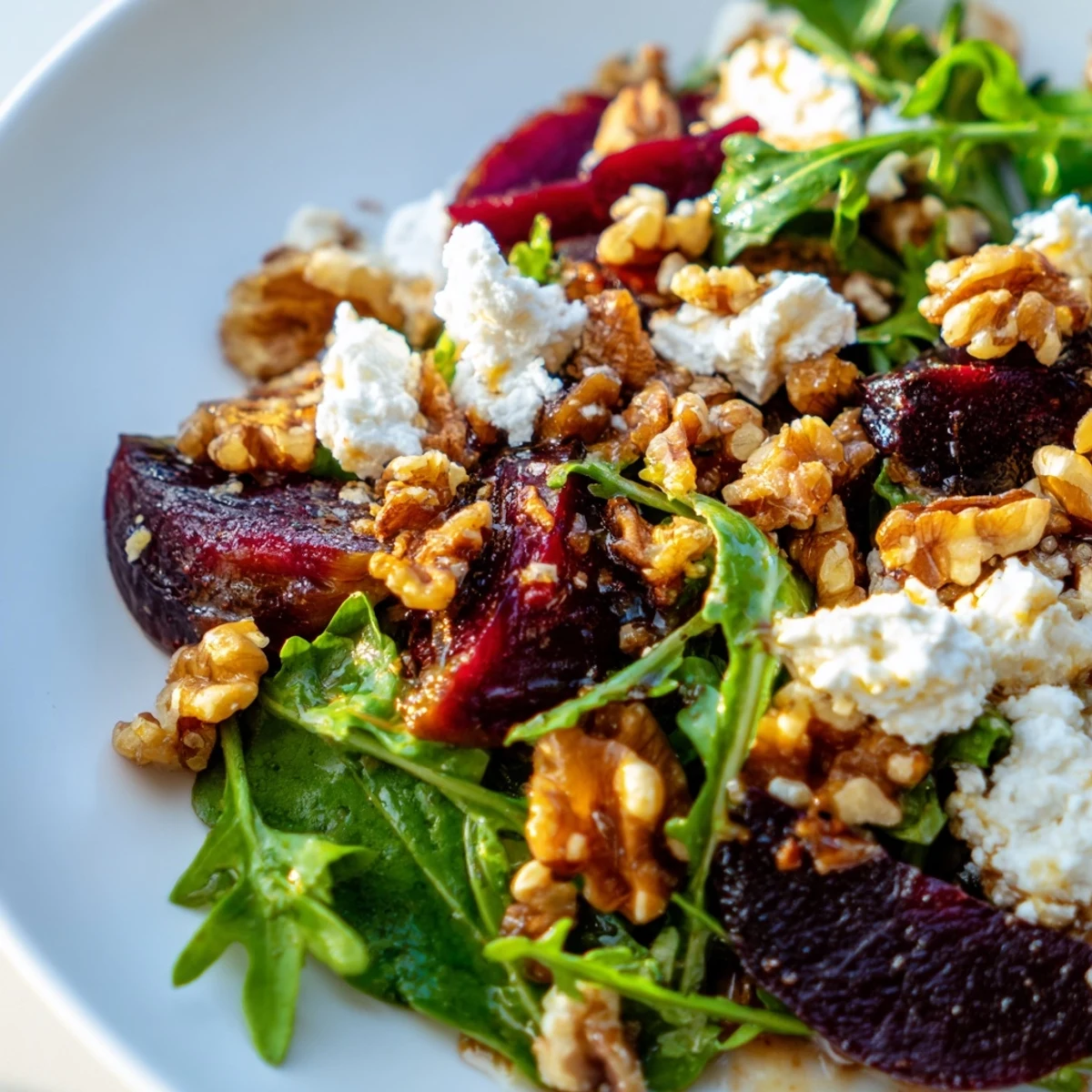 Deep red roasted beets and white goat cheese on arugula, drizzled with balsamic dressing and garnished with chives.