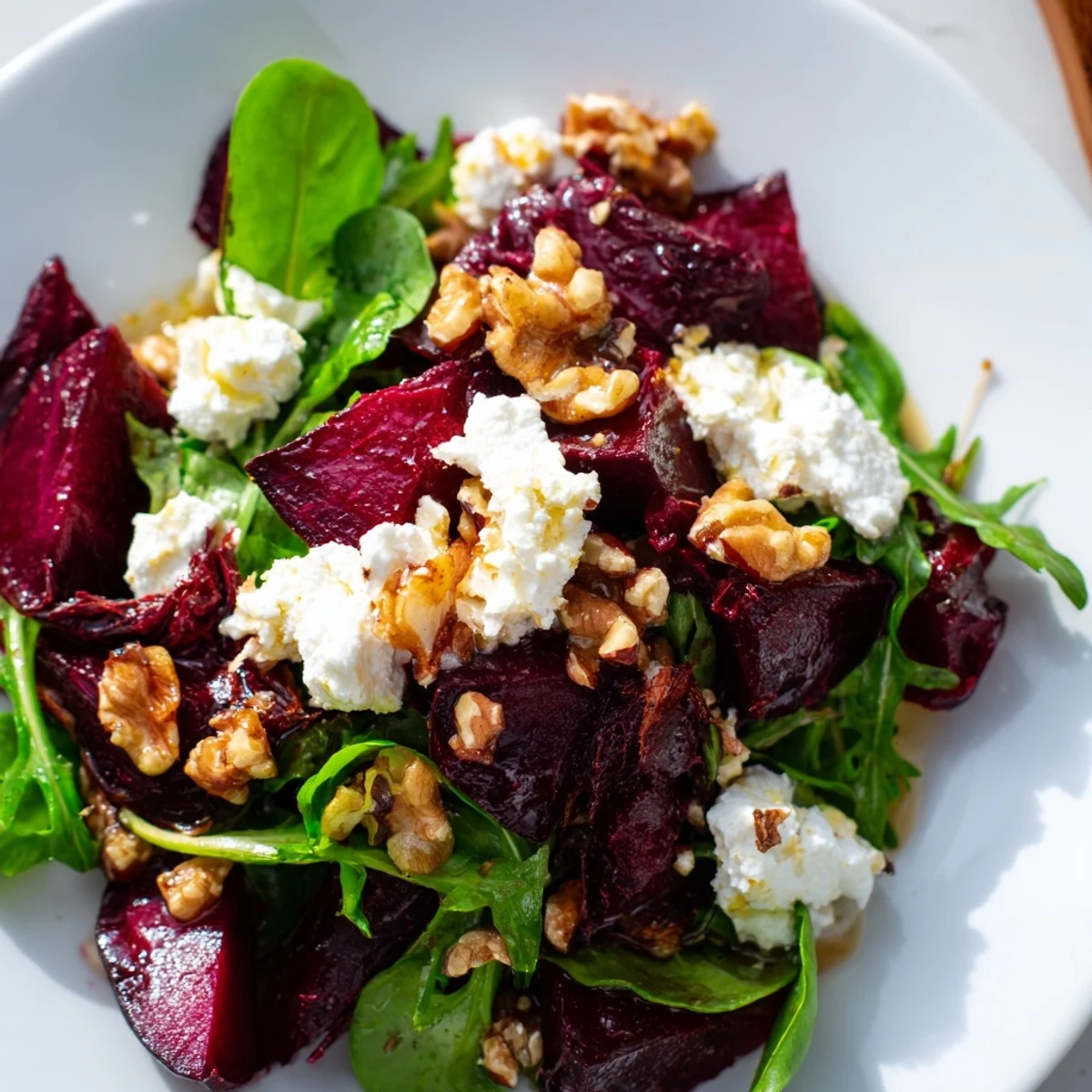 Vibrant beet salad with crumbled goat cheese, pecans, and mixed greens, served as a light vegetarian side.