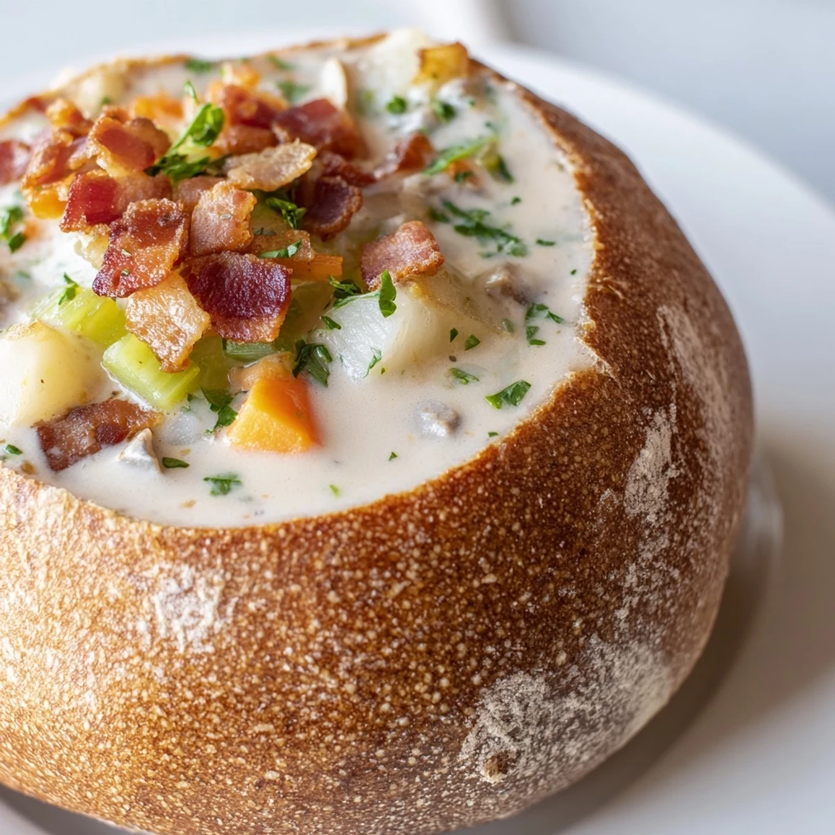 Warm Creamy Clam Chowder in Sourdough Bowl garnished with fresh parsley, bacon, and creamy broth on a rustic table.