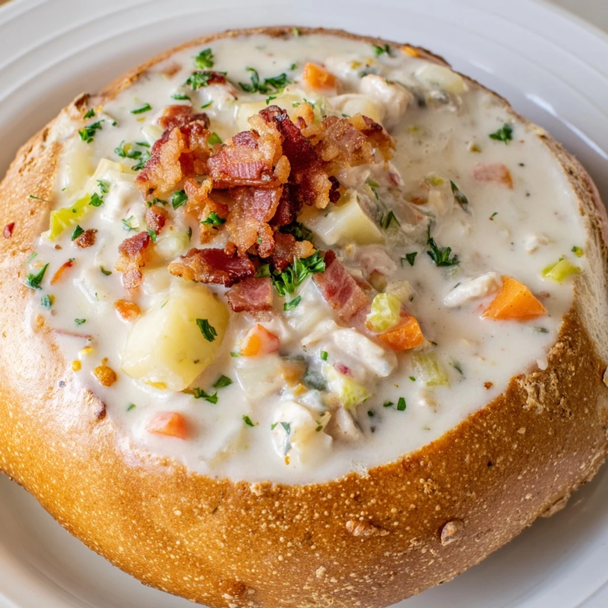 Creamy Clam Chowder in Sourdough Bowl, a rich New England classic brimming with tender clams and potatoes.