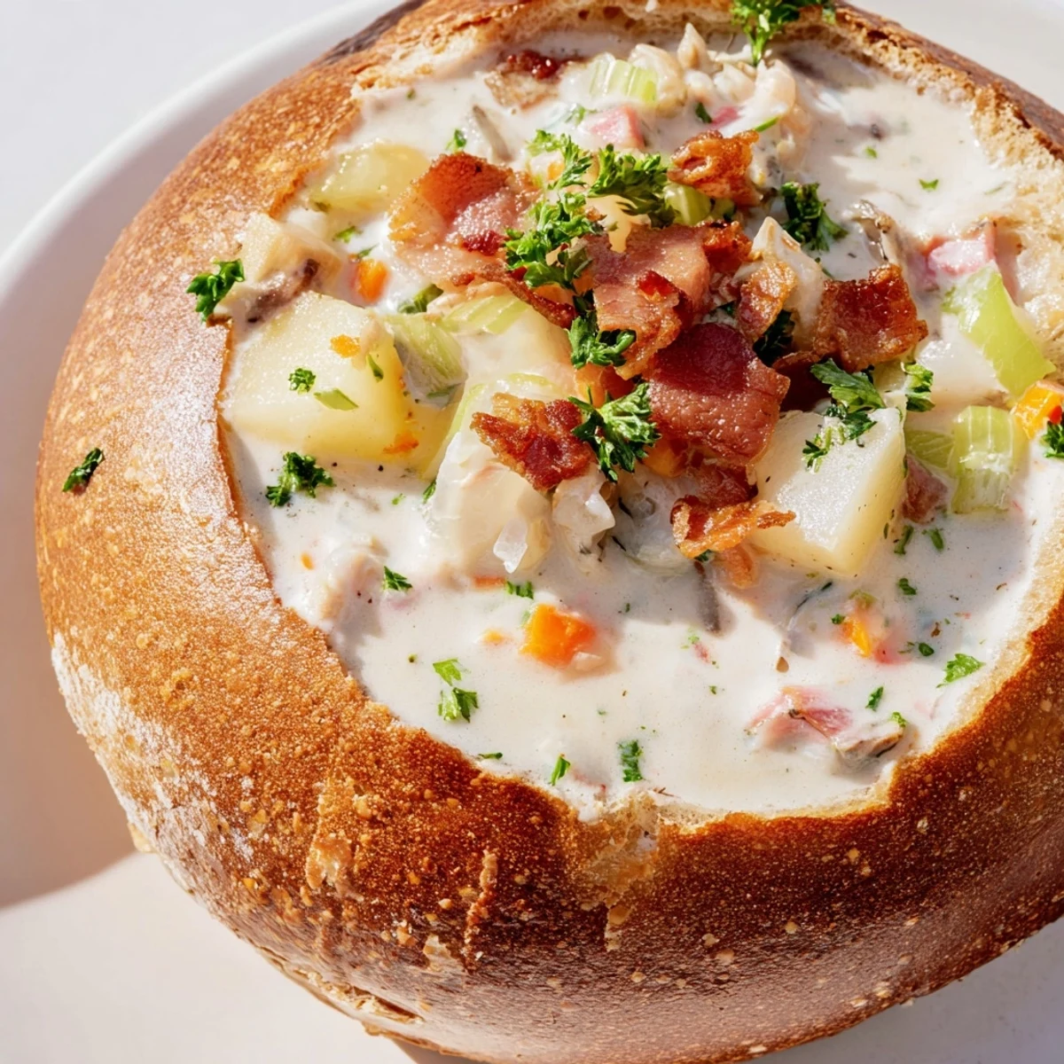 Ladle of Creamy Clam Chowder in Sourdough Bowl served beside a crisp white wine for a perfect coastal pairing.