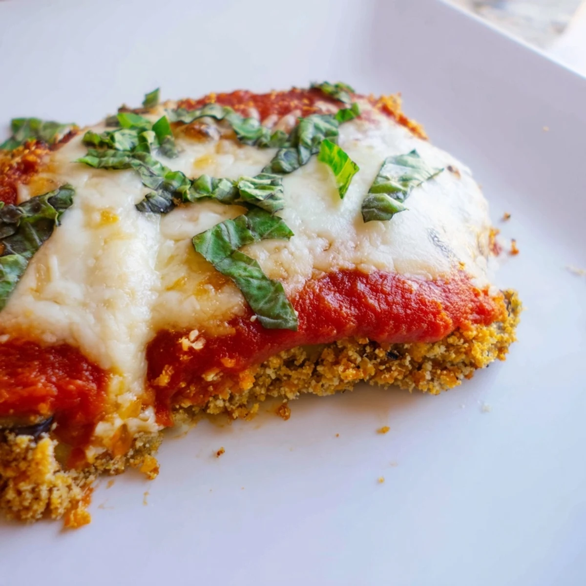 Crispy breaded eggplant rounds layered with marinara and mozzarella, garnished with fresh basil for a classic Italian-American dinner.