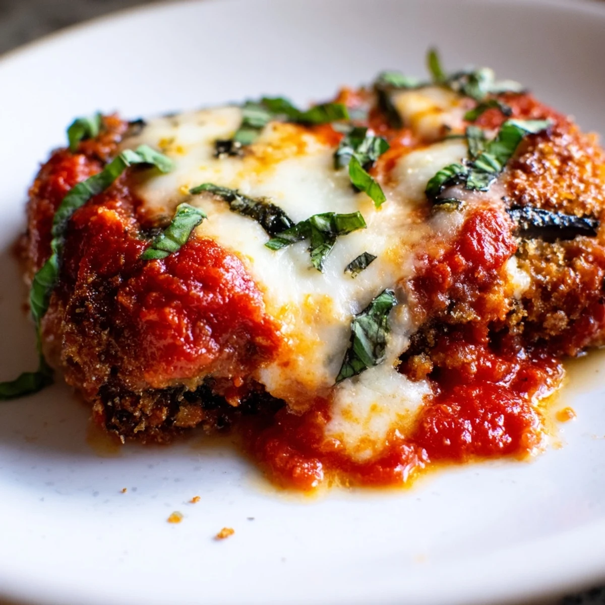 Freshly baked Baked Eggplant Parmesan with marinara and melted mozzarella, served hot and bubbly.