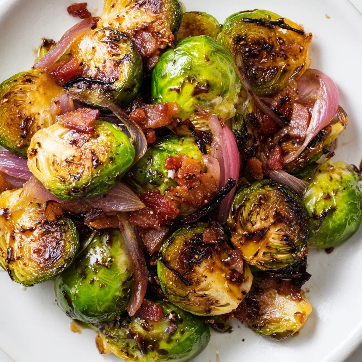 Golden roasted Brussels sprouts with crispy turkey bacon, drizzled with balsamic glaze on a rustic wooden platter.