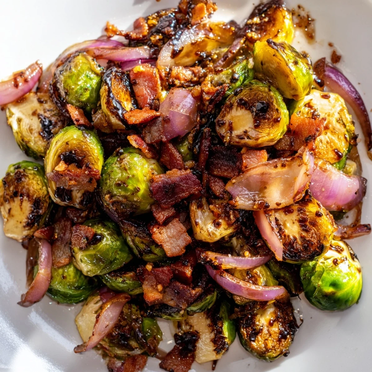 Savory roasted Brussels sprouts topped with crunchy turkey bacon, served hot as an easy American side dish.