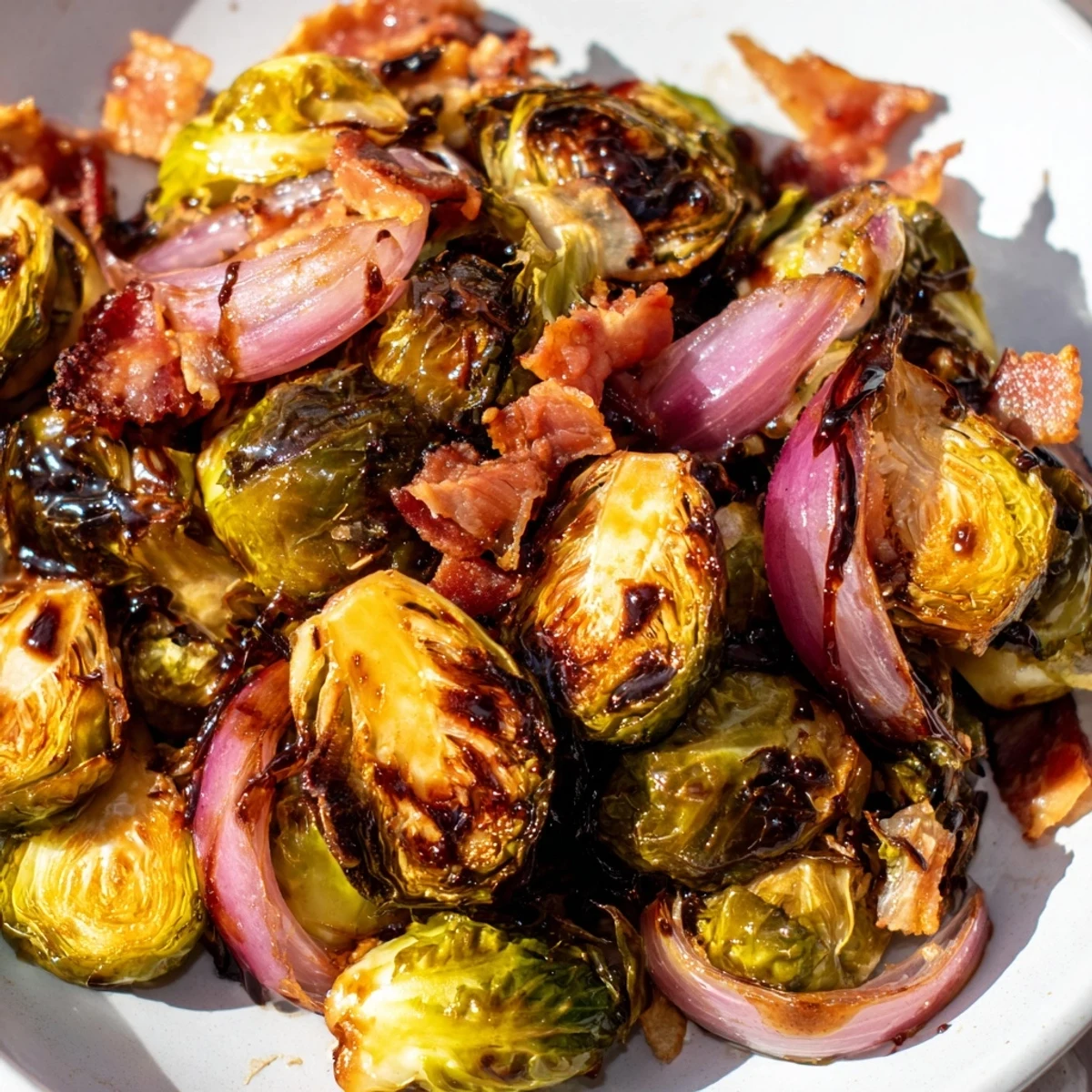 Perfectly caramelized roasted Brussels sprouts and crispy turkey bacon, garnished with fresh herbs on a white plate.