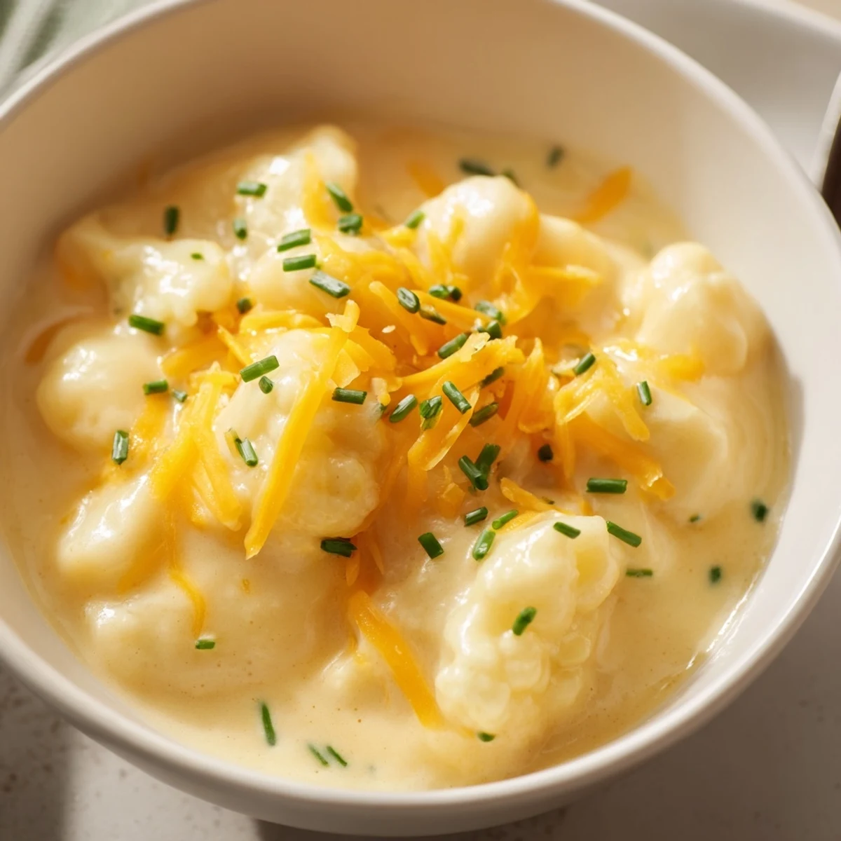 Creamy Cauliflower Chowder with Sharp Cheddar Cheese steaming in a rustic bowl, garnished with fresh chives and extra cheese.