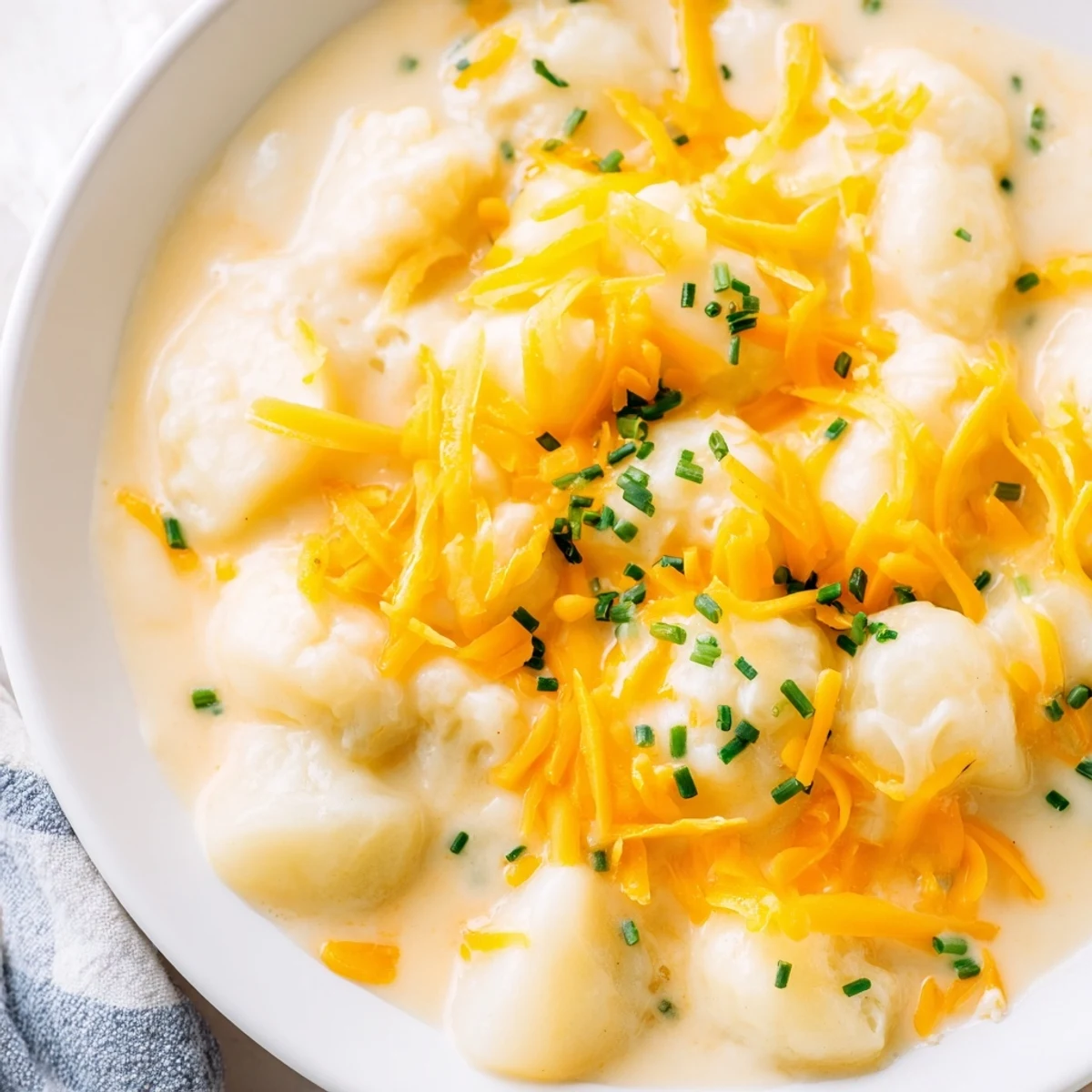 Bowl of Creamy Cauliflower Chowder with Sharp Cheddar Cheese served with crusty bread, perfect for cozy weeknights.