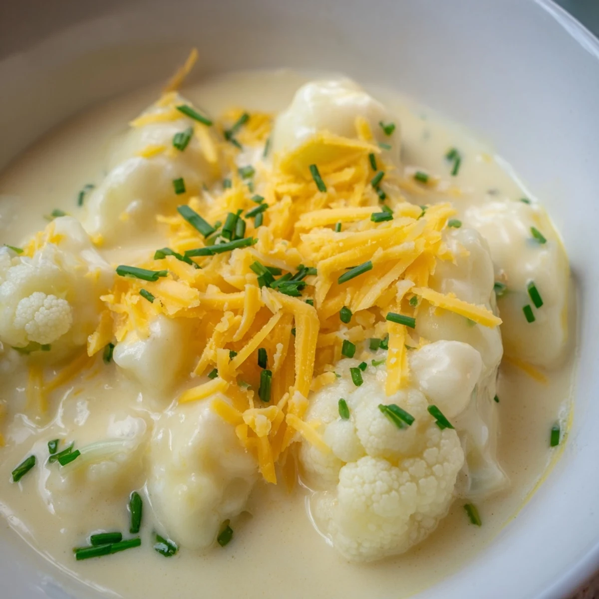 Freshly blended Creamy Cauliflower Chowder with Sharp Cheddar Cheese topped with parsley, simmering in a Dutch oven.
