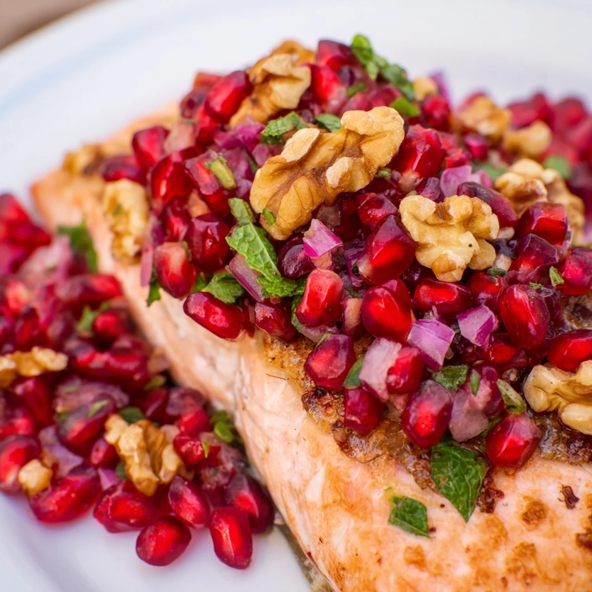 Golden-baked salmon fillets, flaky and moist, topped with a vibrant pomegranate, walnut, and herb salsa.