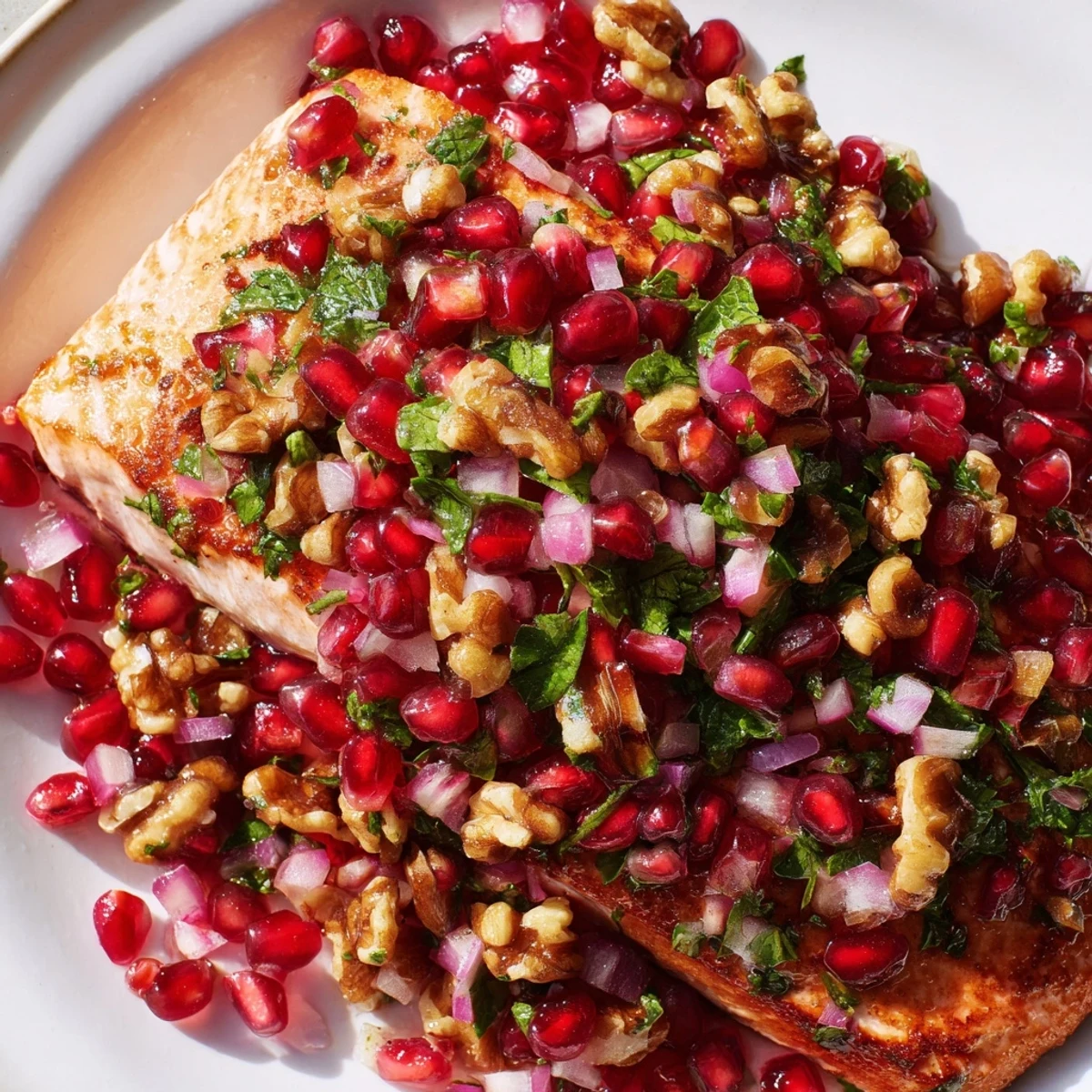 Healthy Mediterranean baked salmon fillets served with fresh pomegranate, walnut, and herb salsa for dinner.