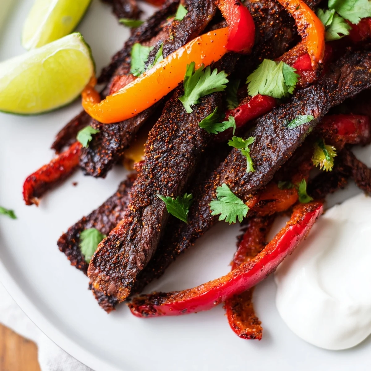 Tender steak strips and roasted colorful peppers and onions on a baking sheet, ready to be served.