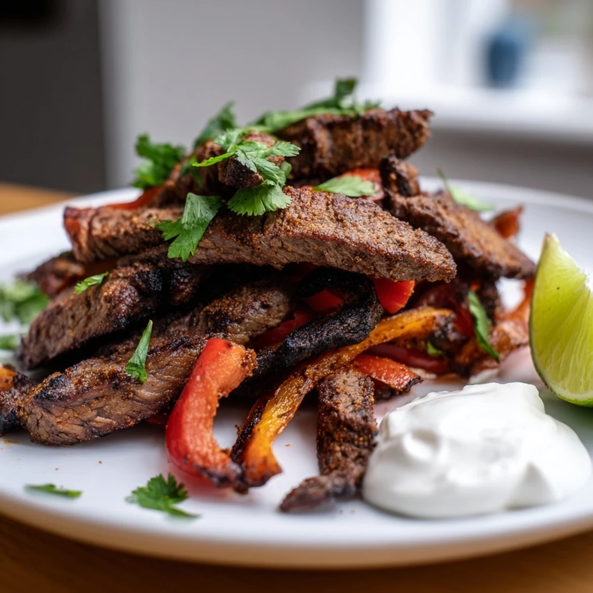 Sheet Pan Steak Fajitas with Bell Peppers and Onions served warm with flour tortillas and fresh lime wedges.