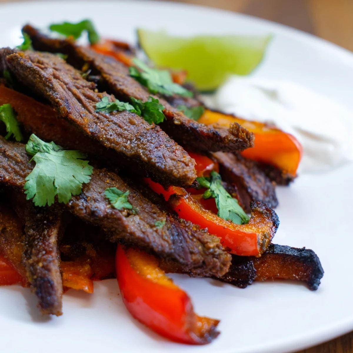 Sizzling Sheet Pan Steak Fajitas with Bell Peppers and Onions topped with cilantro and sliced avocado.