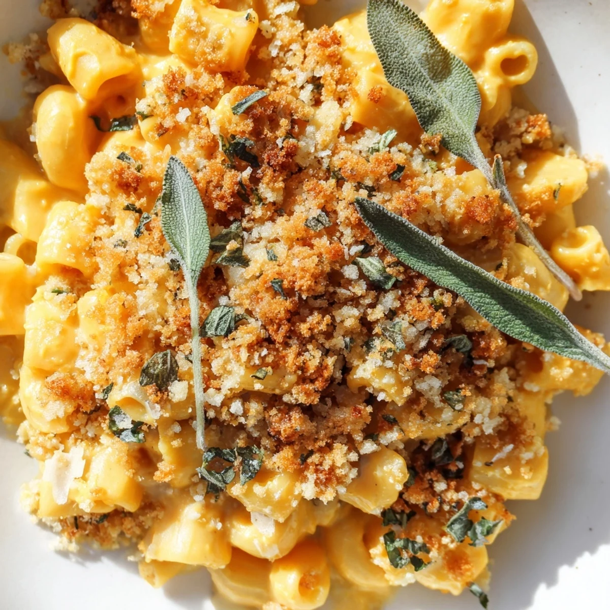 Creamy Vegan Butternut Squash Mac and Cheese with Sage is spooned from a skillet, showing silky orange sauce and toasted panko topping.