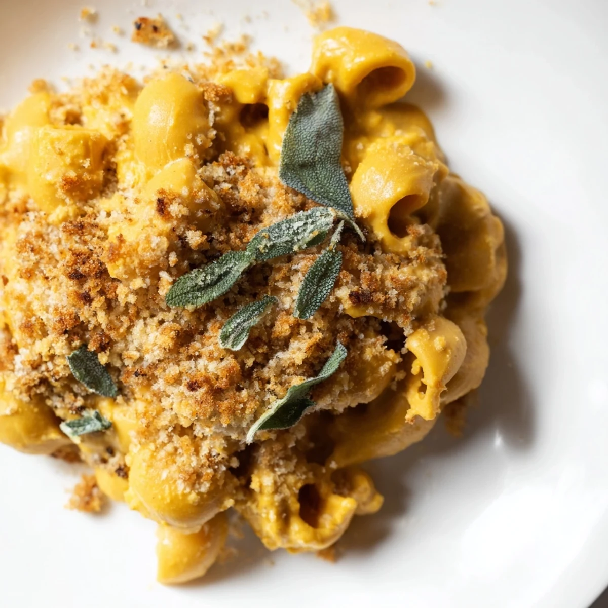 Savory Vegan Butternut Squash Mac and Cheese with Sage is plated beside a crisp salad, ready for a nourishing dinner.