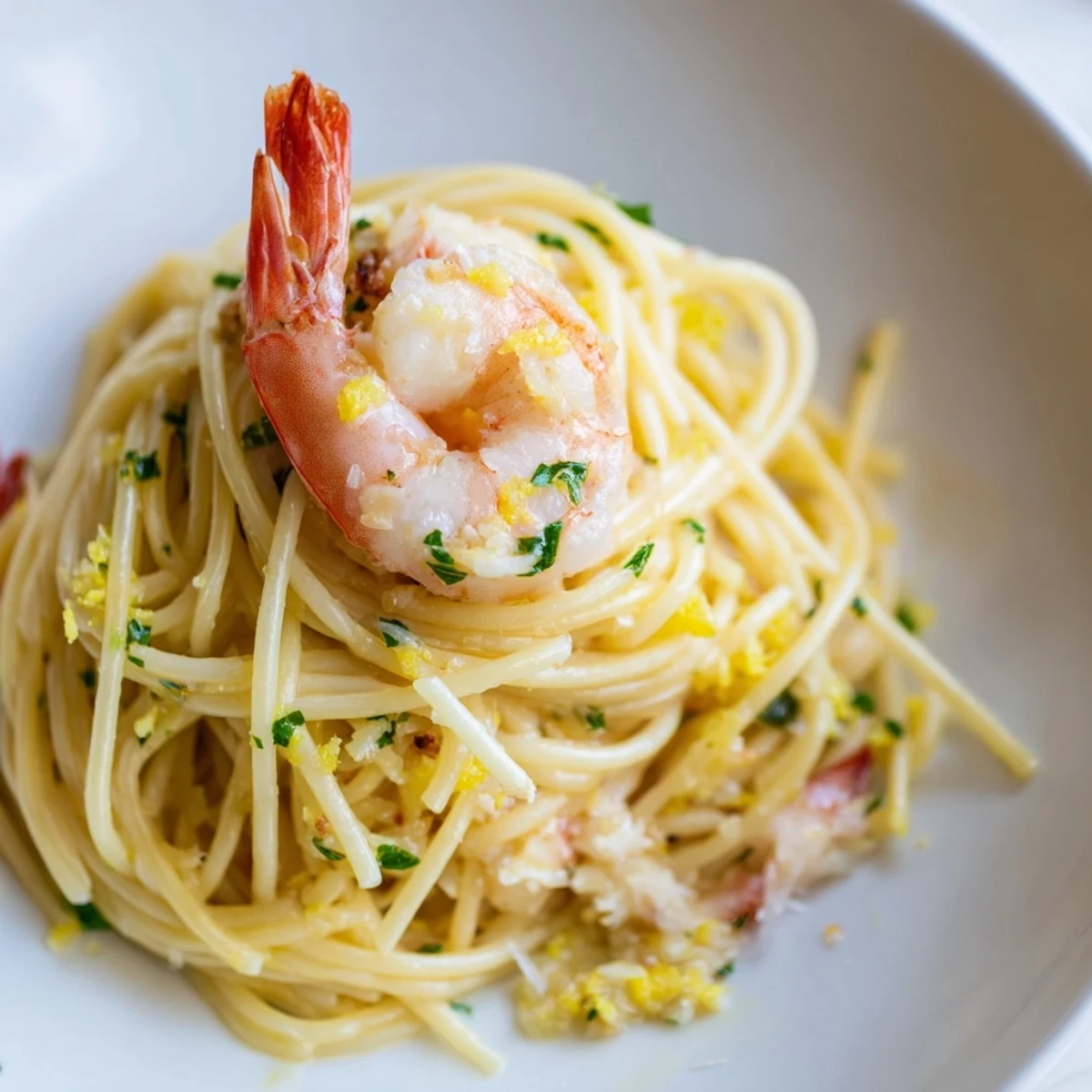 Lemon Shrimp Pasta with garlic and parsley served warm, with fresh lemon zest and juicy shrimp on a dinner plate.
