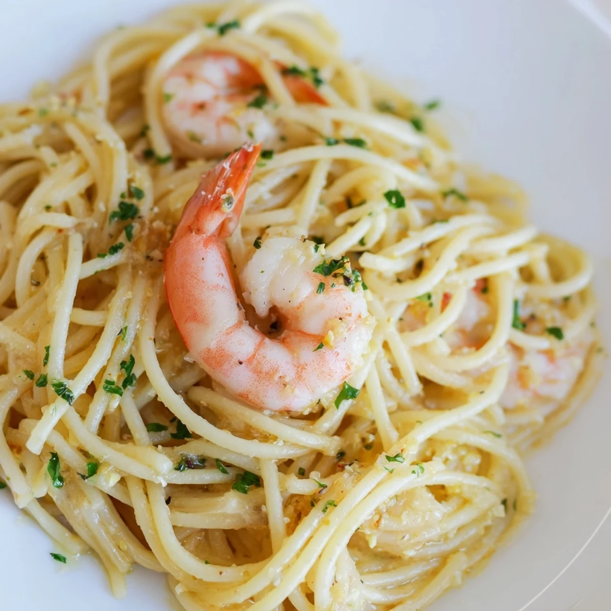 Quick and flavorful Lemon Shrimp Pasta with garlic, prepared with olive oil, red pepper flakes, and fresh herbs in a skillet.