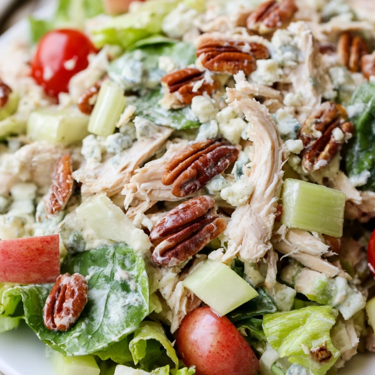 Bright bowl of Chicken Pecan Salad featuring juicy chicken, crunchy pecans, cherry tomatoes, red onion, and a drizzle of tangy dressing.