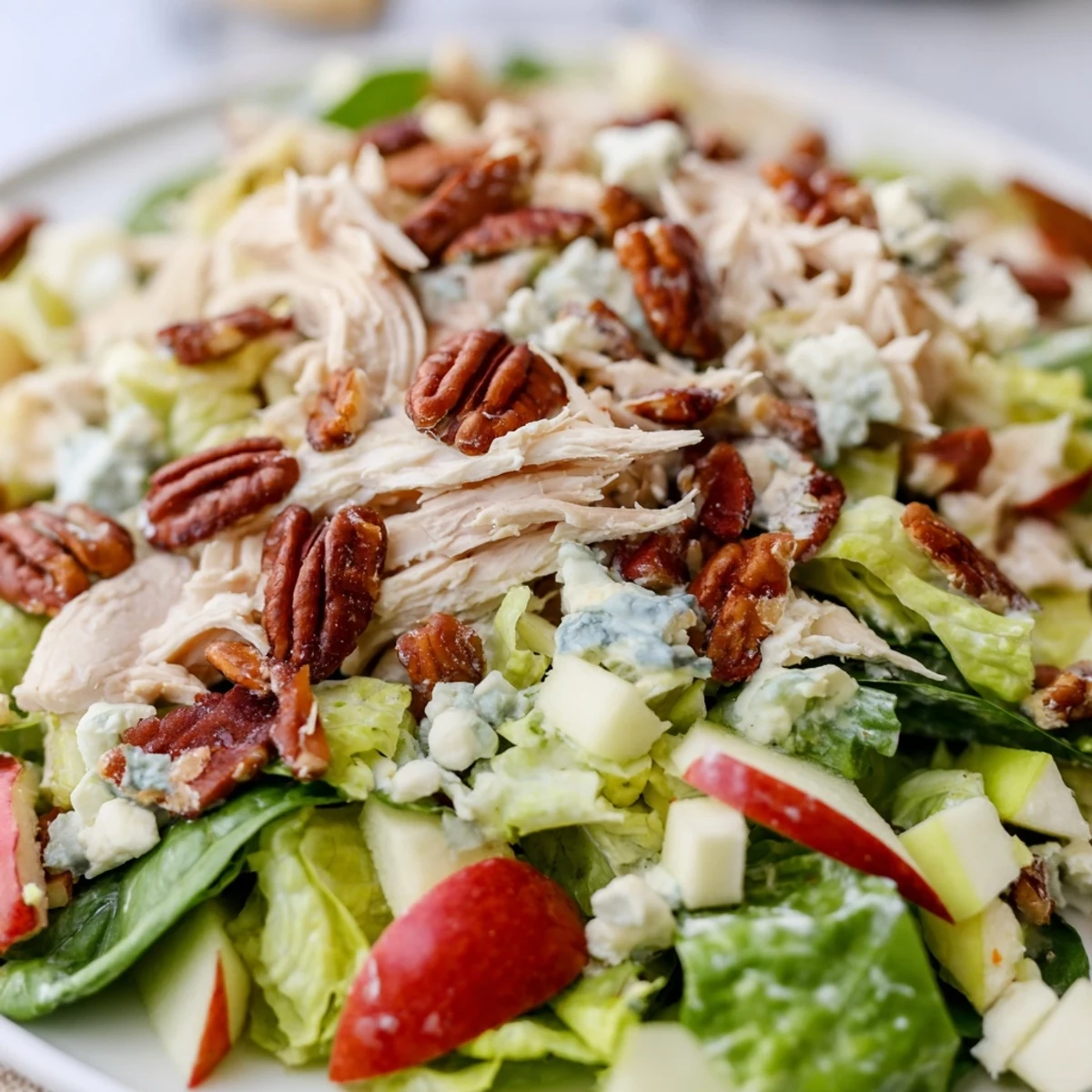 Served over a bed of romaine and spinach, this Chicken Pecan Salad is topped with crumbled blue cheese and diced apple.