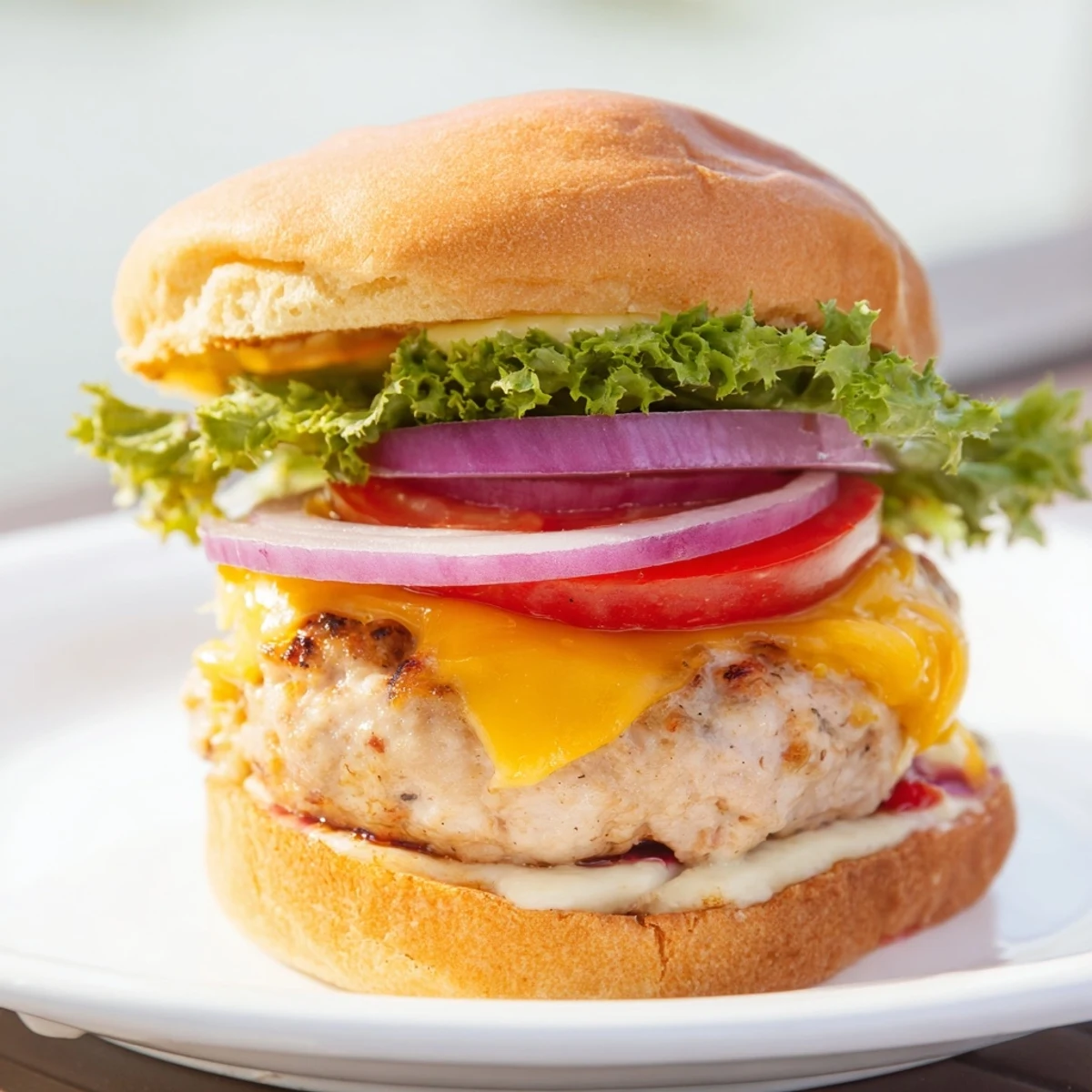 Melted cheese drips over a grilled turkey burger patty served on a toasted hamburger bun.