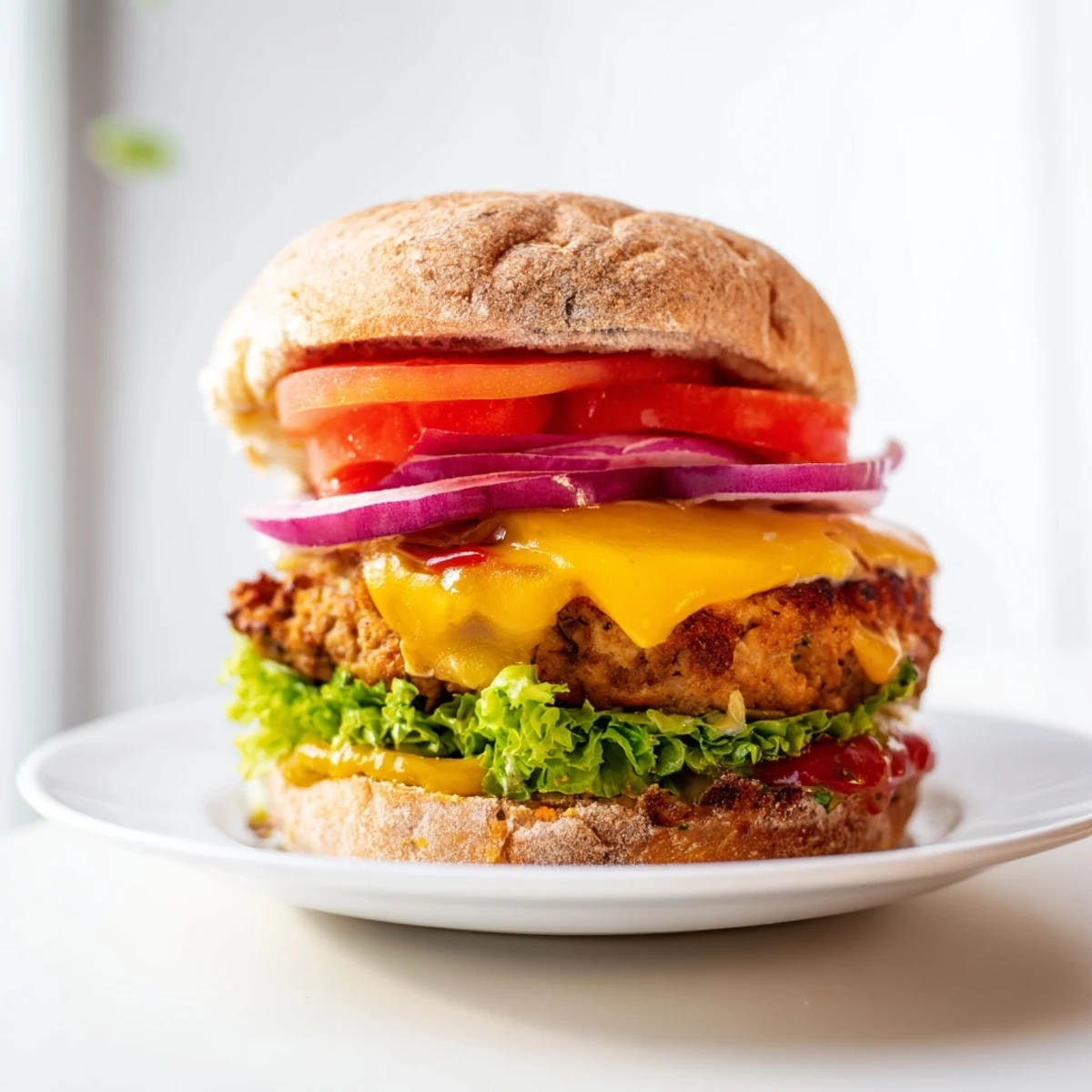 Turkey Cheese Burger on Bun stacked with lettuce, tomato, and onion on a soft, buttered bun.