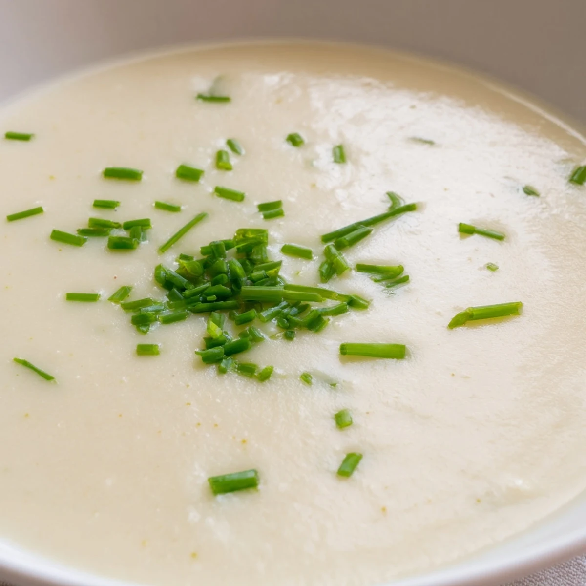 Creamy Leek Soup garnished with fresh chives, served steaming in a rustic bowl, perfect for a cozy vegetarian dinner.  