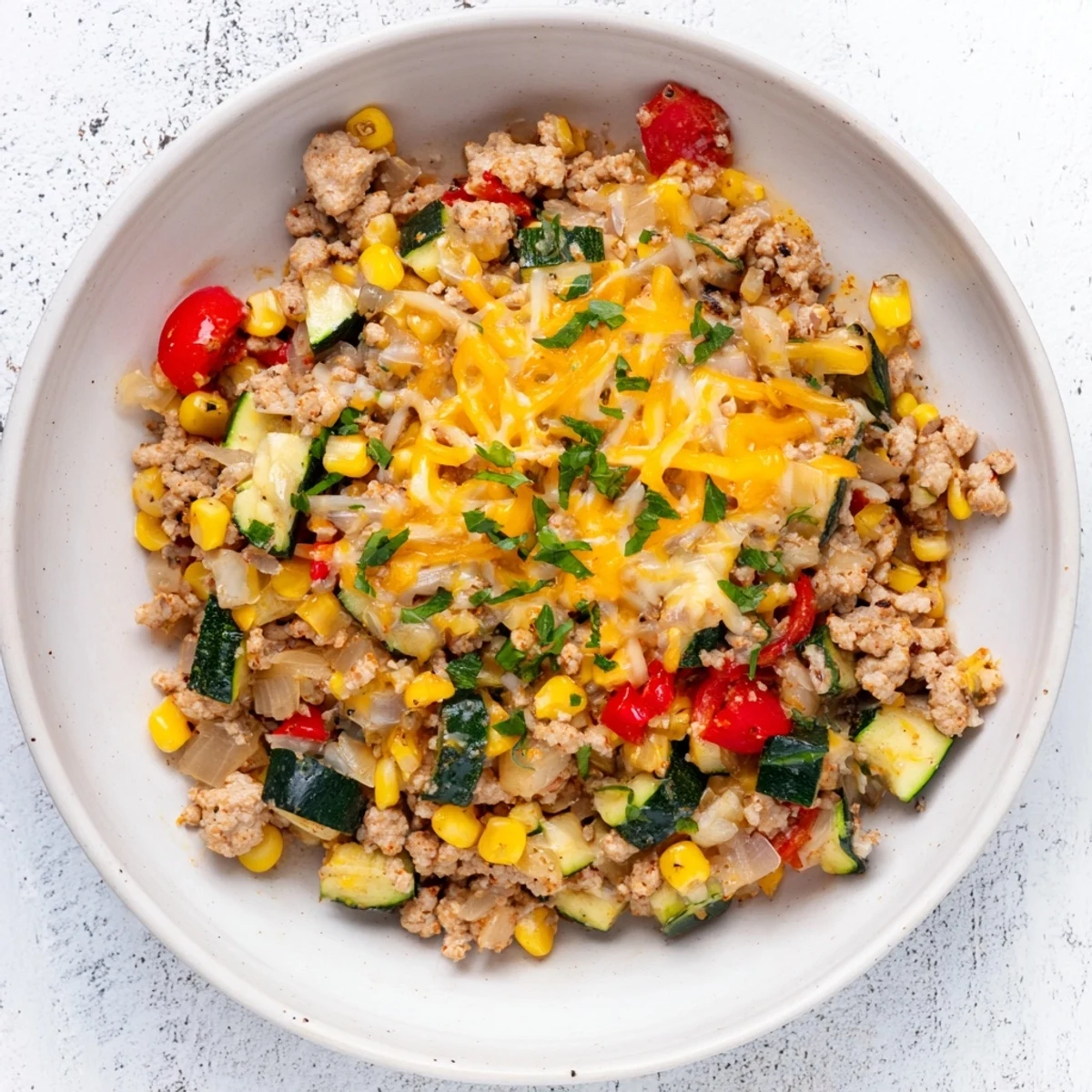 Golden-brown turkey skillet simmering with diced red bell pepper, zucchini, and fresh spinach, topped with optional melted cheddar and parsley garnish.