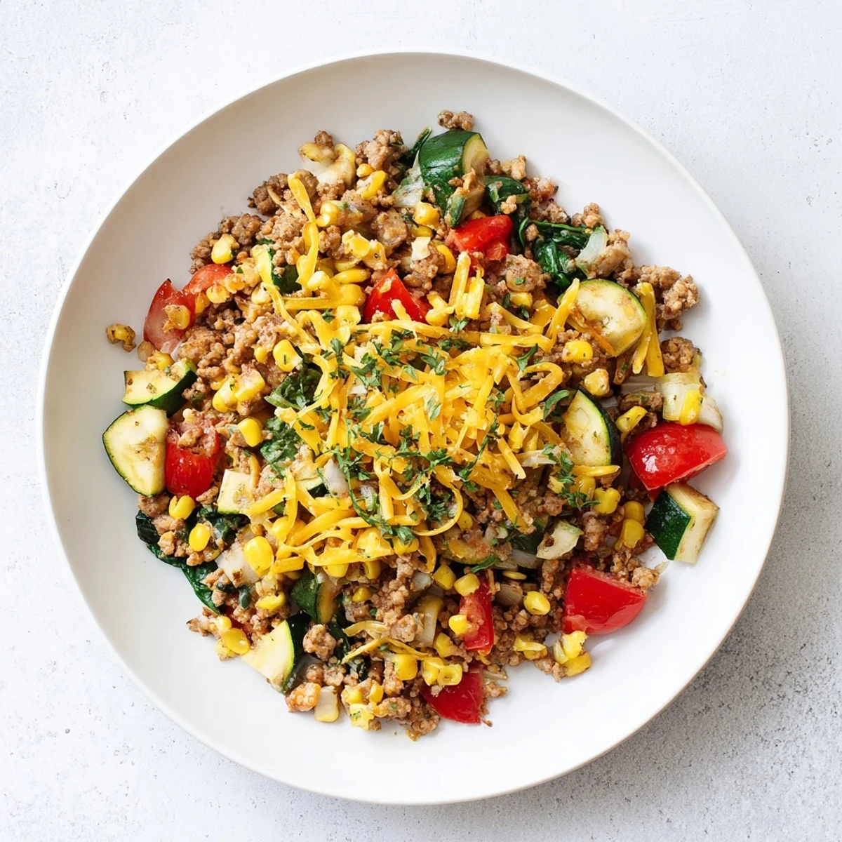 Savory one-pan meal with ground turkey, colorful vegetables, and spices in a skillet, garnished with fresh parsley for a weeknight dinner.