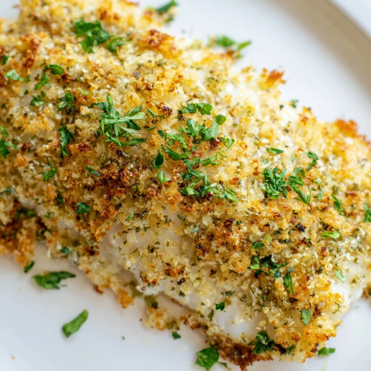 Golden-brown baked haddock fillets with a crispy lemon-herb breadcrumb topping, garnished with fresh parsley and served on a white plate.