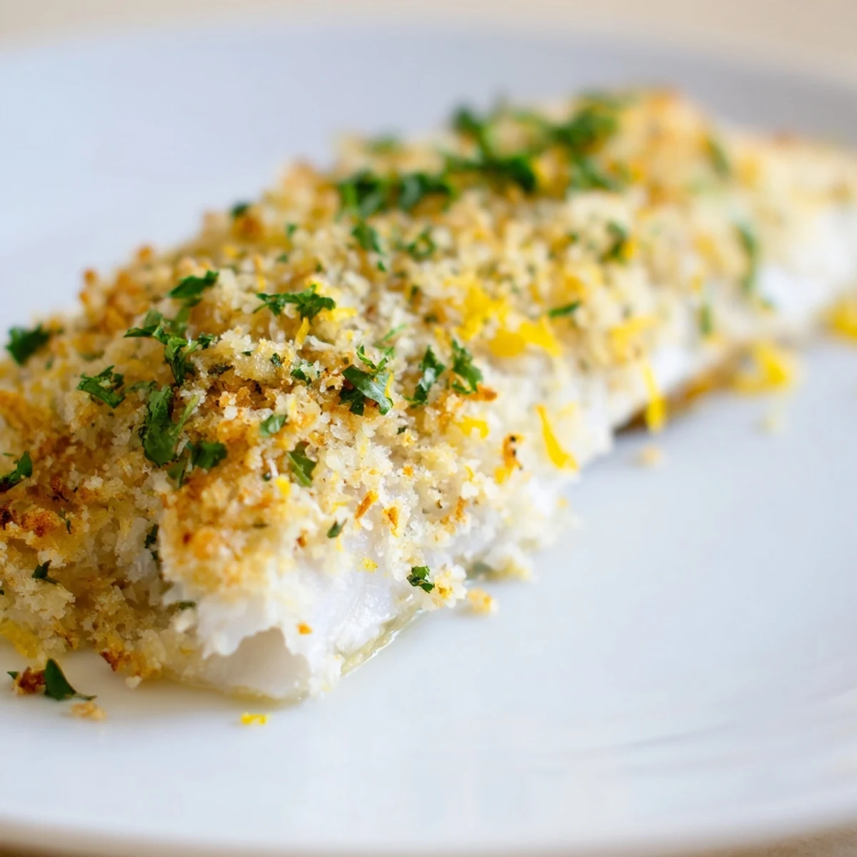 Tender, flaky haddock fillets baked with a buttery, herbed breadcrumb crust and bright lemon zest, ready to serve for dinner.