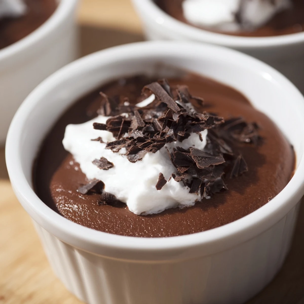 Frosted glasses of chocolate pudding topped with chocolate shavings and fresh berries on a table.