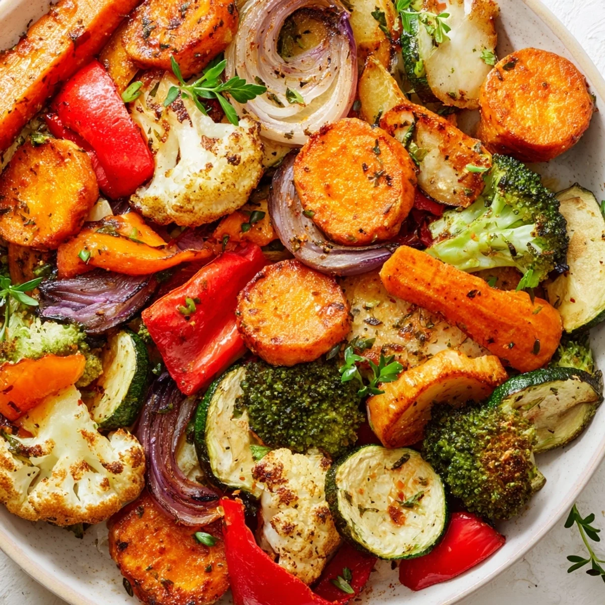 Freshly roasted veggies with caramelized edges and golden-brown bits on a baking sheet, ready to serve as a healthy side dish.