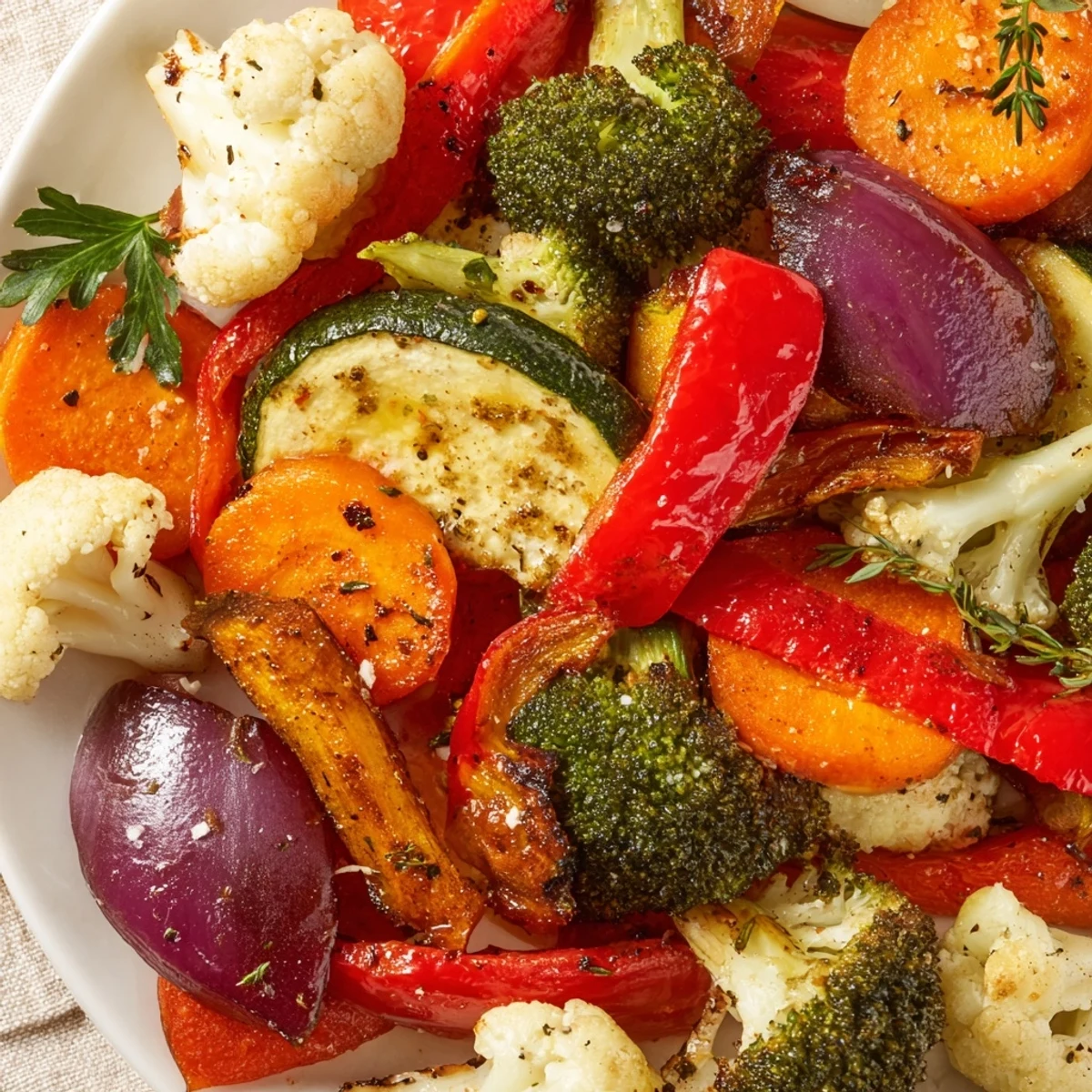 A close-up of vibrant roasted veggies tossed with herbs, perfect for scooping onto plates for a family-style dinner.